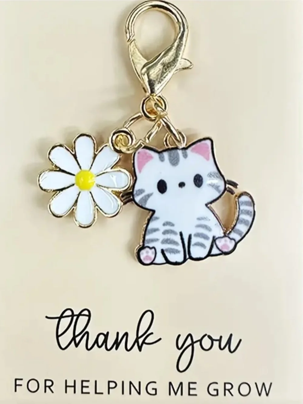Cute Gray Cat and Daisy Pet Collar Charm - Gold Hardware